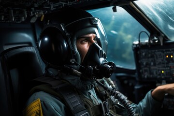 Pilot in the aircraft cabin with an oxygen mask. Generative AI.