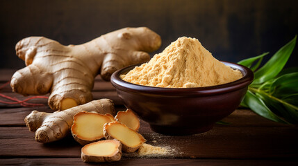 Fototapeta premium Ground ginger on a plate. Selective focus.