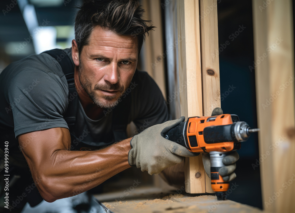 Poster a man installing door lock with drill. generative ai.