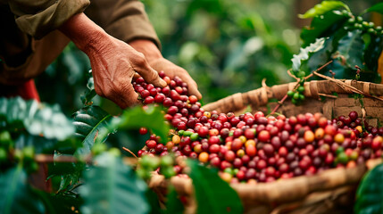 Coffee harvest is collected on the plantation. Selective focus. - obrazy, fototapety, plakaty