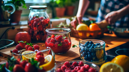 Make a smoothie with berries in the kitchen. Selective focus. - obrazy, fototapety, plakaty