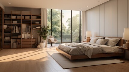 A modern bedroom with a closet. Generative AI.