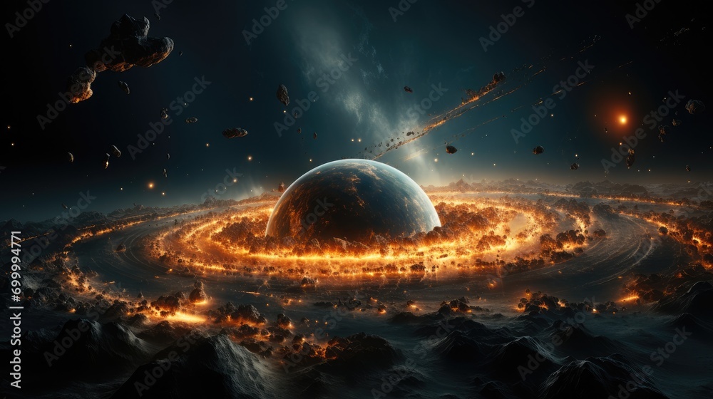Poster large planet with rings, open space. generative ai.