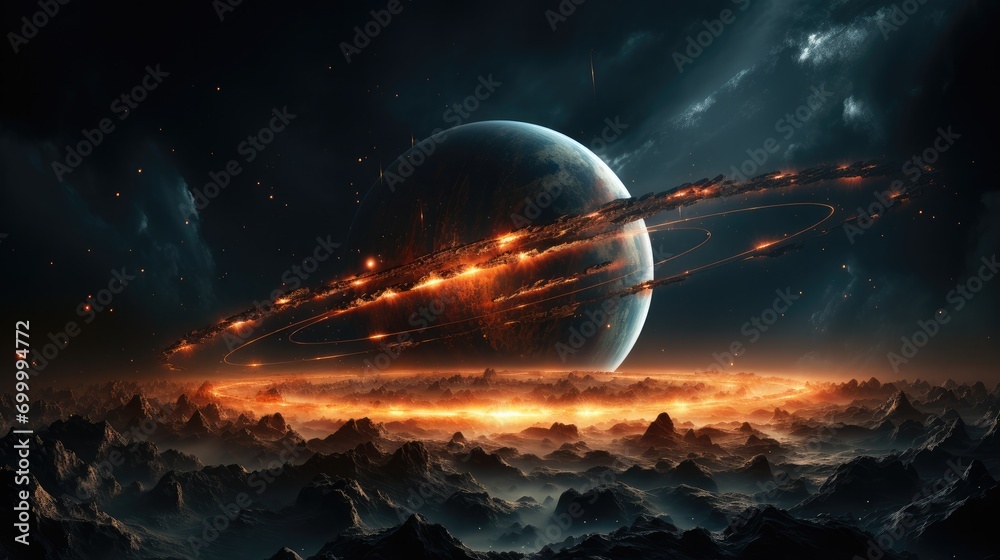 Poster large planet with rings, open space. generative ai.