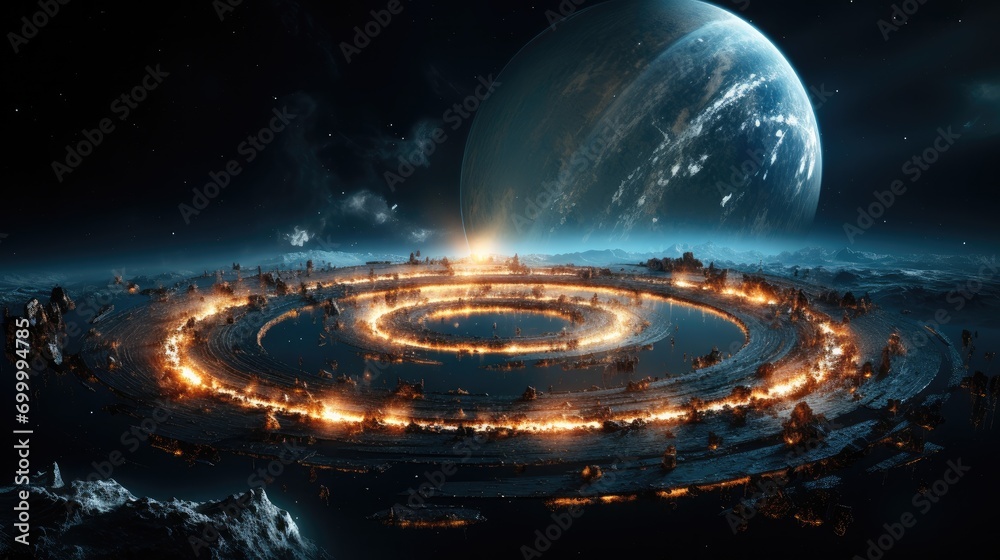 Poster large planet with rings, open space. generative ai.