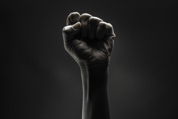 Silhouette of a raised fist on a dark background symbolizing solidarity and empowerment for Black History Month.