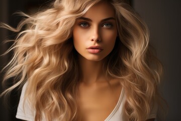 Naklejka premium Beautiful blonde woman with layered hairstyles. Generative AI.