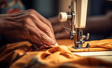Close-up of hands masterfully guiding a sewing machine