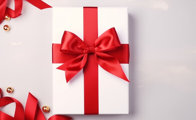 Blank for a greeting card. Gift card wrapped in red ribbon. Christmas, New Year or birthday gift. 