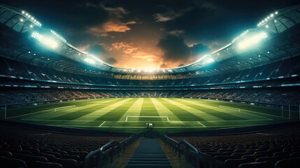 Cricket stadium with neon environment. Generative AI. - obrazy, fototapety, plakaty