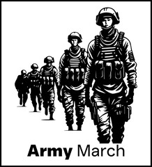 T-shirt design with silhouettes of soldiers on a march. War-themed t-shirt design