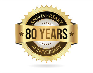 Anniversary golden label with ribbon vector illustration