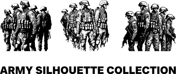 Collection of black and white army poster illustrations. Army troop silhouette design for t-shirt design