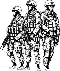 Black and white silhouette illustration of a group of soldiers with weapons and full combat attire