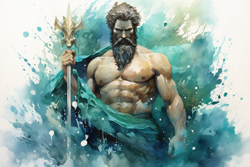 Poseidon, the god of the sea, with trident. Generative AI watercolor illustration.