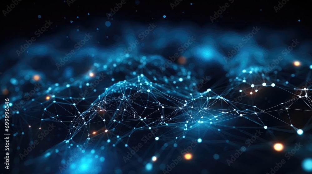 Poster Data atoms and network of connections in the style of dark sky-blue and black, Playfully intricate, Unreal engine. Generative AI.