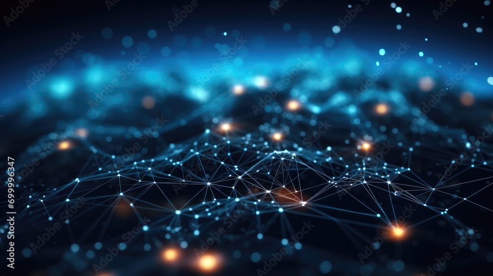 Fototapete Data atoms and network of connections in the style of dark sky-blue and black, Playfully intricate, Unreal engine. Generative AI.