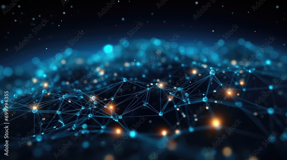 Poster Data atoms and network of connections in the style of dark sky-blue and black, Playfully intricate, Unreal engine. Generative AI.