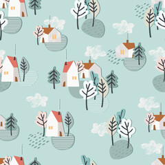 Seamless pattern with winter cottages, fir trees and skis in the snow. Winter holidays background. Winter recreation concept
