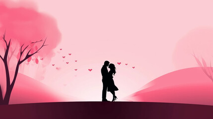copy space, simple vector illustration, silhouette of a man and woman hugging, valentine's poster, red and pink tones. Beautiful background or for valentine’s day. Beautiful background. Valentine’s ca