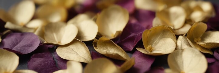 Close-up of gold and purple flower petals on a table.