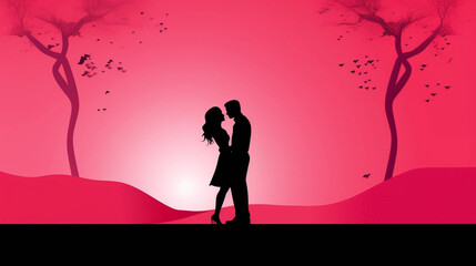 copy space, simple vector illustration, silhouette of a man and woman hugging, valentine's poster, red and pink tones. Beautiful background or for valentine’s day. Beautiful background. Valentine’s ca