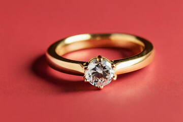 Gold ring on a red pastel background