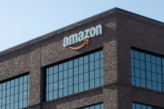 East Palo Alto, CA, USA - Apr 30, 2022: Amazon logo is seen at the Amazon Web Services (AWS) office in East Palo Alto's University Circle office complex in the Silicon Valley, California.