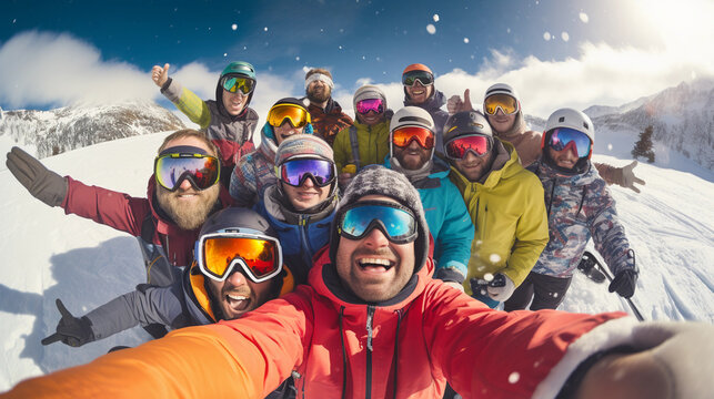 Happy group of skiers taking selfie sitting on winter slope 