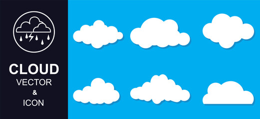 Clouds vector. Clouds Vector and icon set isolated on blue background.  Abstract white cloud icon set. Cloud symbol for your website, logo, app, poster, flyers,  web banners. Vector illustration.