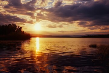 background waterscape beautiful ripples water sunlight reflection sky dramatic thunderstorm lake sunset golden