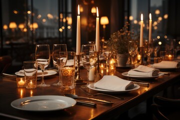 Expensive restaurant table with tall thin dining candles stand on the table. Generative AI.