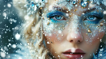 Close up of blond woman snow queen with face decorated with shiny blue and gold crystal gemstones, festive, glamour, front view magical