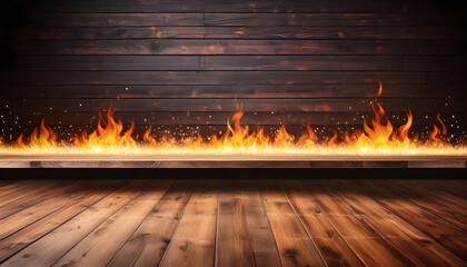 Empty wooden table with fire and celebration theme in background. Ai
