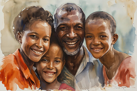 Watercolor portrait of a happy black family, radiating joy and unity, ideal for Black History Month celebrations.