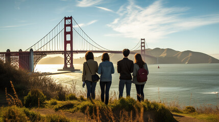 A group of tourists arrives at the Golden Gate Bridge in San Francisco. Ai generate.