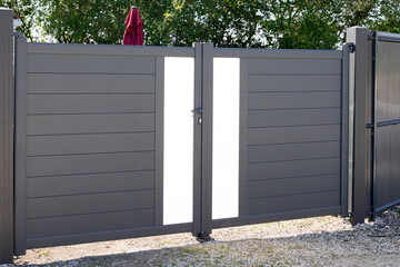 gray aluminum modern home high grey gate portal of new entrance suburb door house