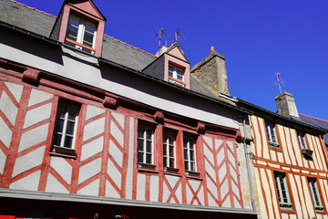 Vannes west city in Brittany old half-timbered houses with street colorful facades - obrazy, fototapety, plakaty