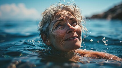 joyful woman swimming in the sea - obrazy, fototapety, plakaty