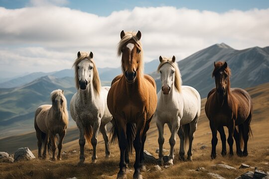 A five horses on mountain. Generative AI.