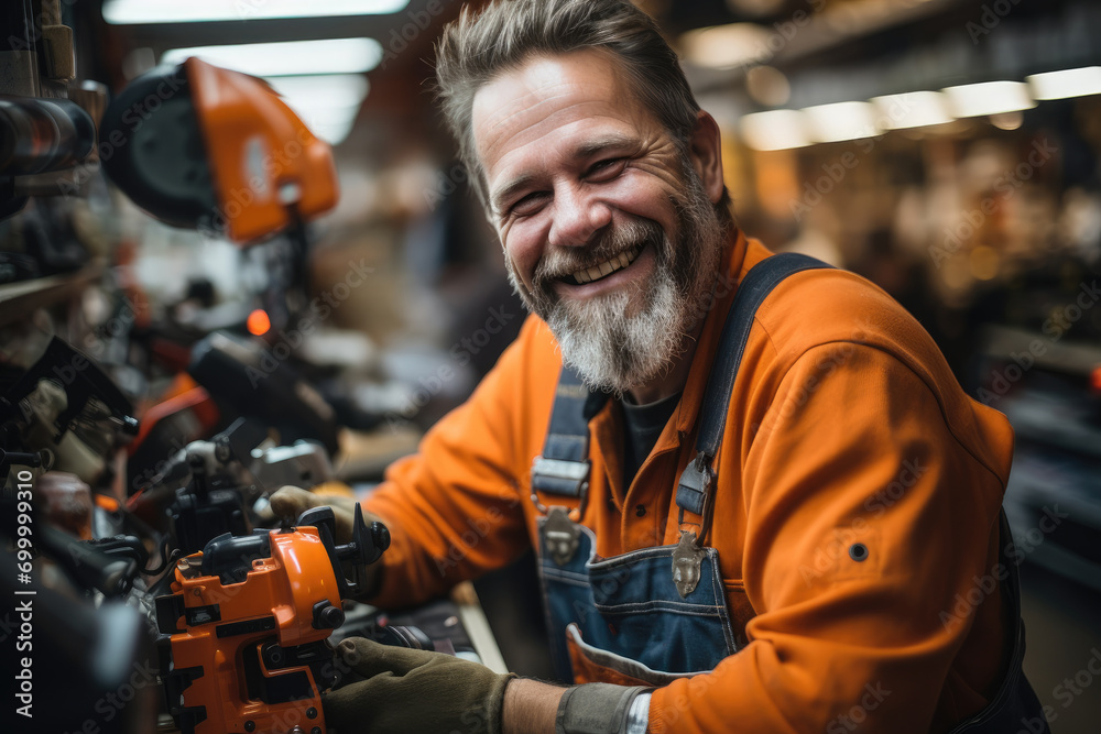 Poster happy middle aged worker in powertools shop. generative ai.