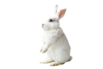 A white rabbit stands on its hind legs on a transparent or white background