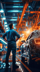 Male worker back in workshop car manufacturing plant against background robotic assemblers, disassembled bodies under neon lighting from halogen lamps. Automotive industry. Automated assembly lines
