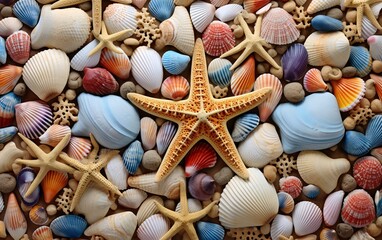 Top view of starfish and seashells background