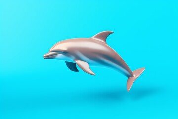 Dolphin captured mid-air, jumping against a vibrant blue background, displaying the joy and agility of marine life.