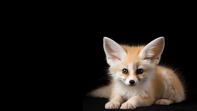Small white and orange dog lying on a black surface, resembling a portrait of a fennec fox.