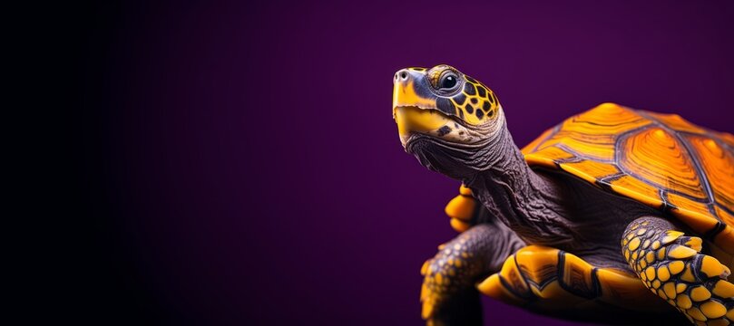 Close-up of a turtle on a captivating purple background, with a focus on the giant tortoise, creating a detailed and intimate portrait.