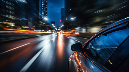 POV of car driving at night city with motion blur - obrazy, fototapety, plakaty