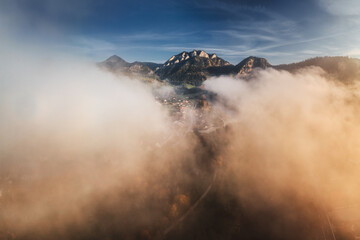 An aerial view of the autumn Pieniny Mountains captured on an October morning. Mists and low light add charm to this landscape.