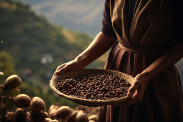 a woman holding a wood tray of coffee beans in front of nature background bokeh style background - obrazy, fototapety, plakaty